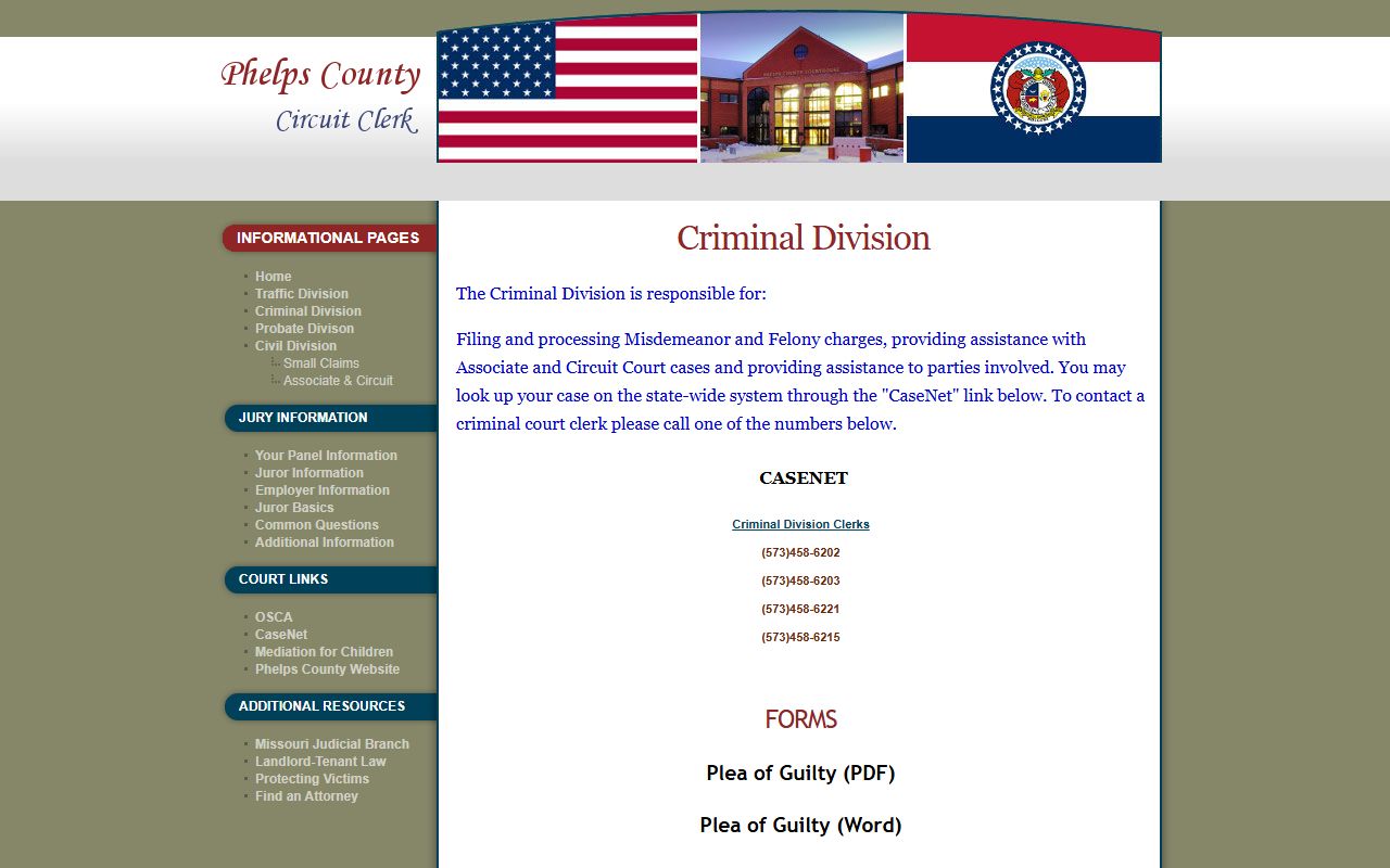 Phelps County court records after arrest criminal division page